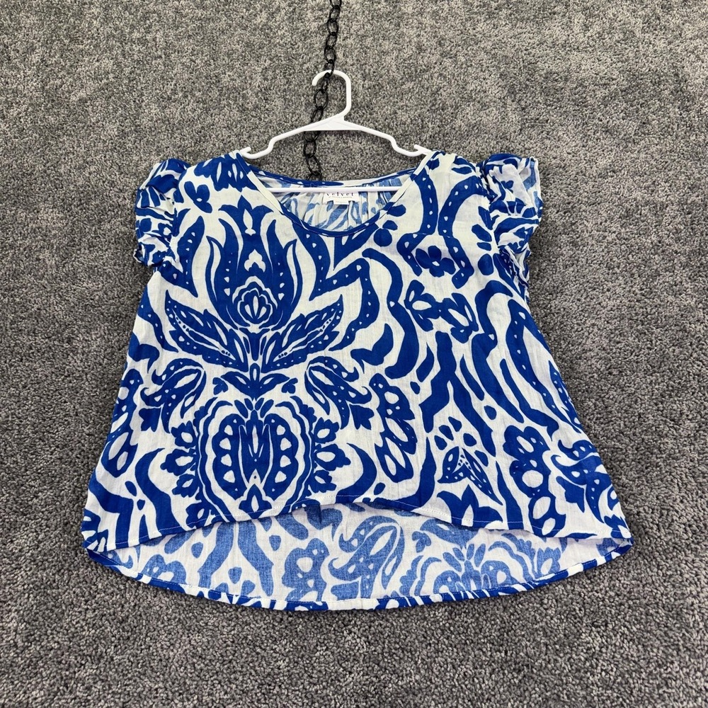 Velvet By Graham & Spencer Top Womens M Blue Floral Puff Sleeve Cotton Blouse